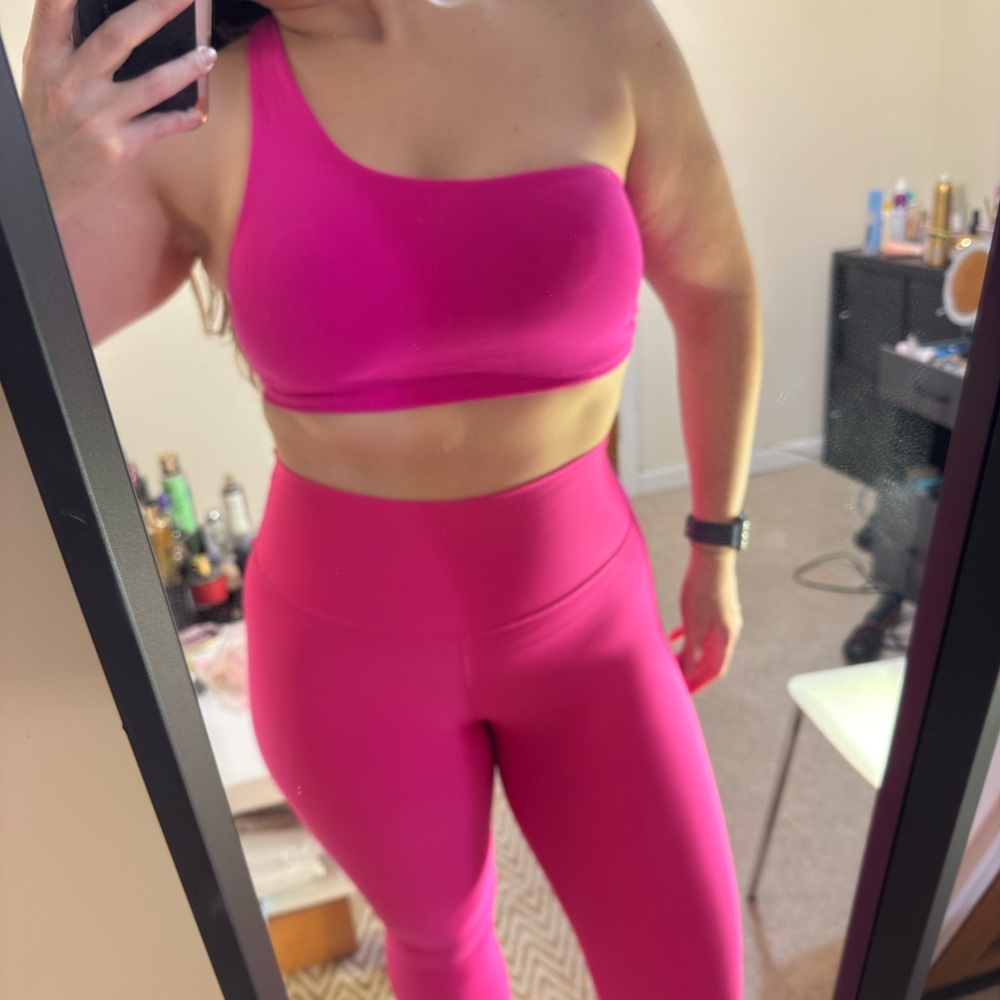 ALO Yoga Hot Pink One-Shoulder Sports Bra and High-Waist Leggings